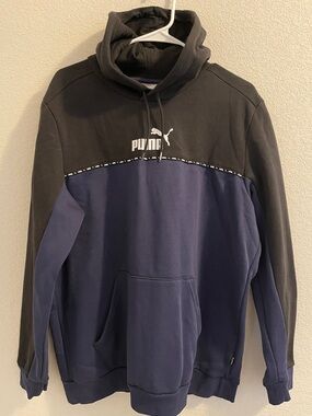 Puma Men's Black and Navy Colorblock Pullover Hoodie